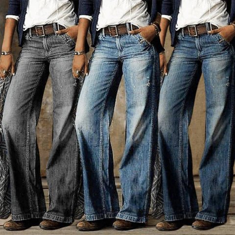 Damen Highwaist Weites Bein Retro Jeans Hose