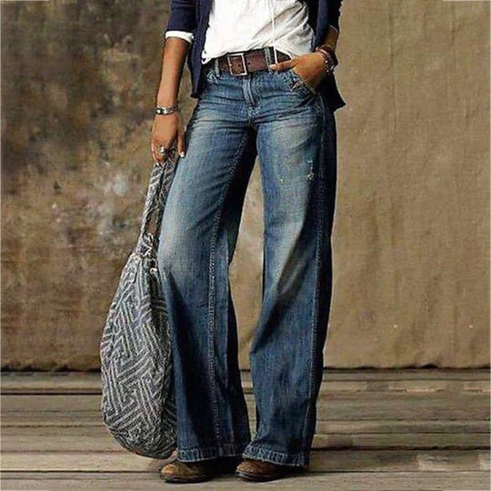 Damen Highwaist Weites Bein Retro Jeans Hose - Blue