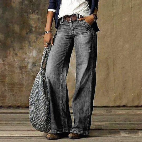 Damen Highwaist Weites Bein Retro Jeans Hose - Light gray