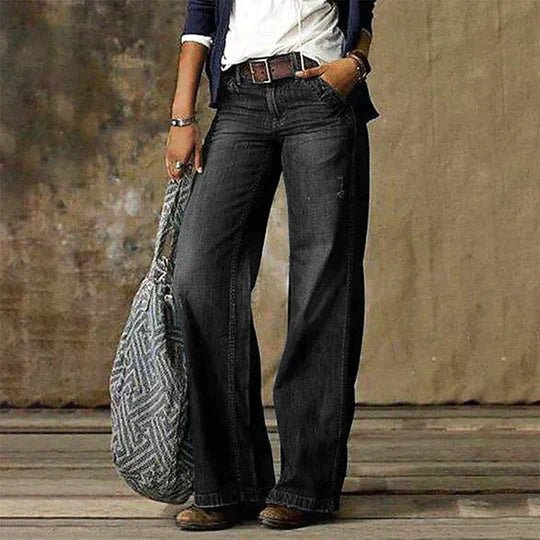 Damen Highwaist Weites Bein Retro Jeans Hose - Black