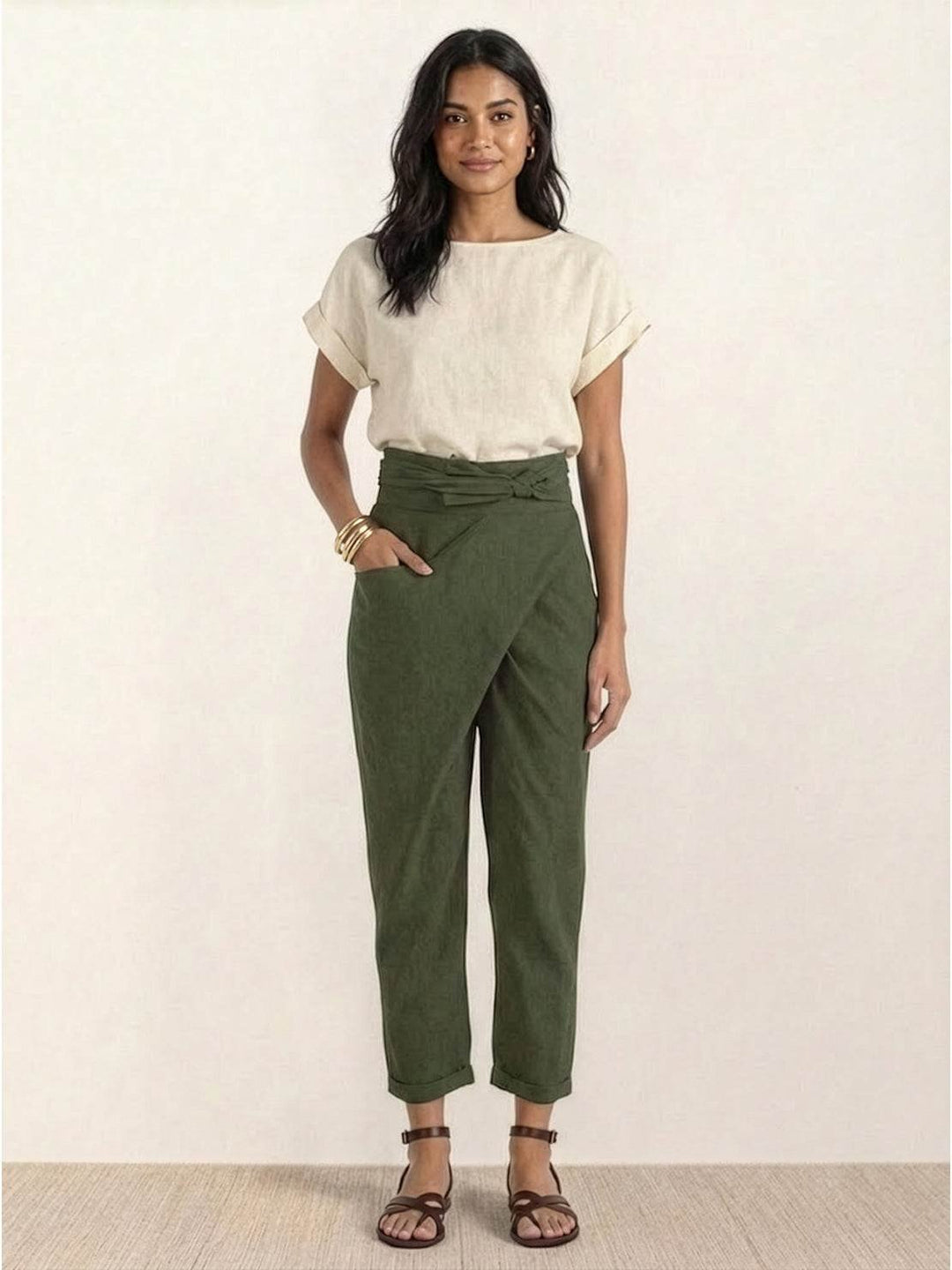 Damen Highwaist Wickelhose Cropped Tapered Schleifenbund