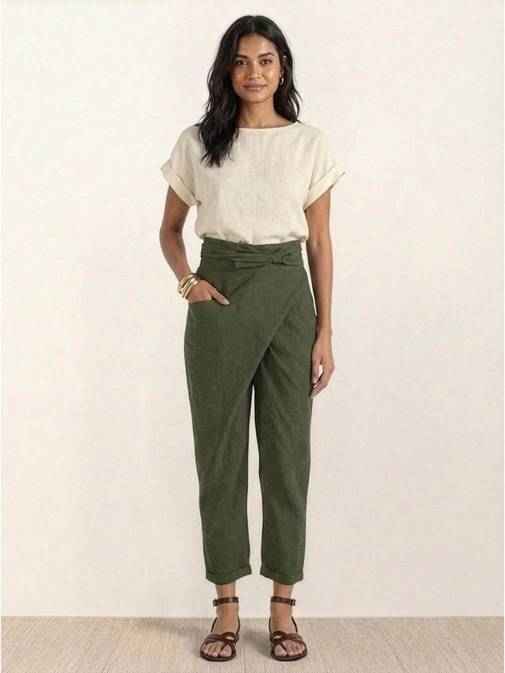 Damen Highwaist Wickelhose Cropped Tapered Schleifenbund
