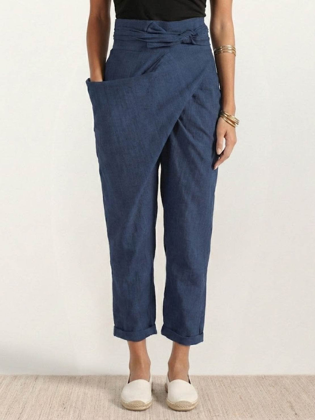 Damen Highwaist Wickelhose Cropped Tapered Schleifenbund - Navy Blue
