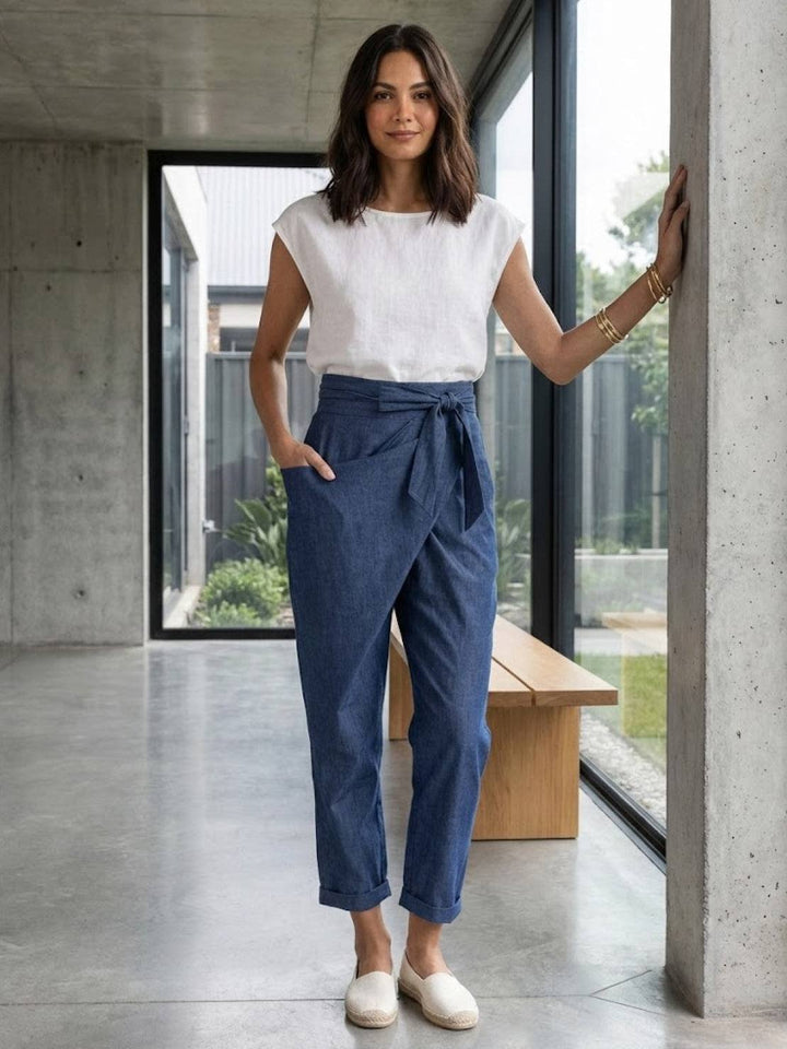 Damen Highwaist Wickelhose Cropped Tapered Schleifenbund
