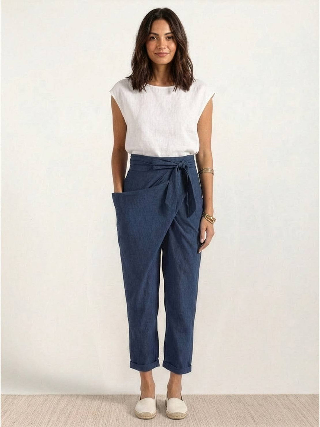 Damen Highwaist Wickelhose Cropped Tapered Schleifenbund