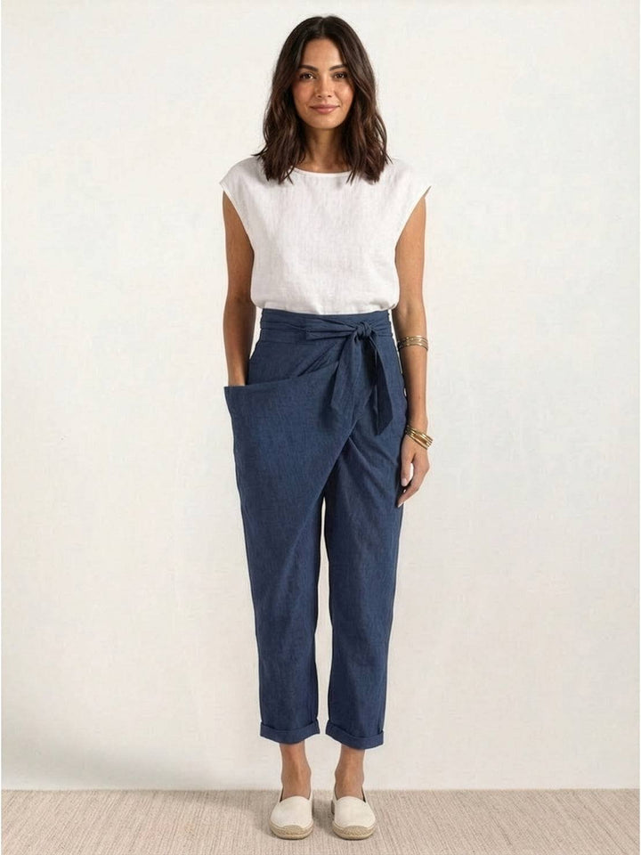 Damen Highwaist Wickelhose Cropped Tapered Schleifenbund
