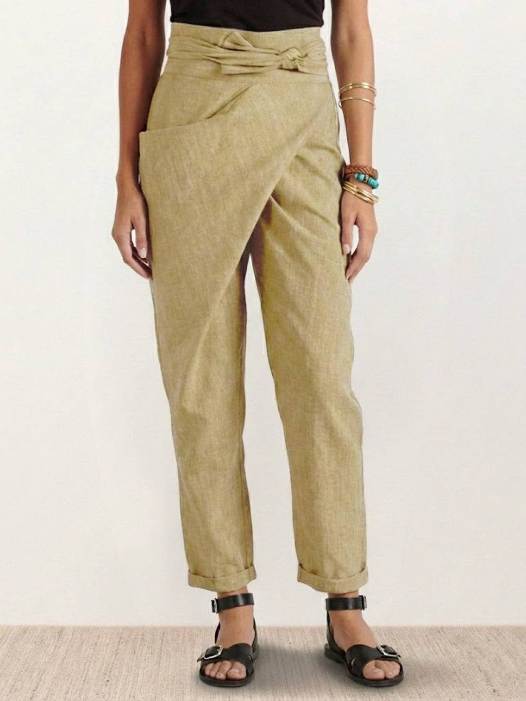 Damen Highwaist Wickelhose Cropped Tapered Schleifenbund - Khaki