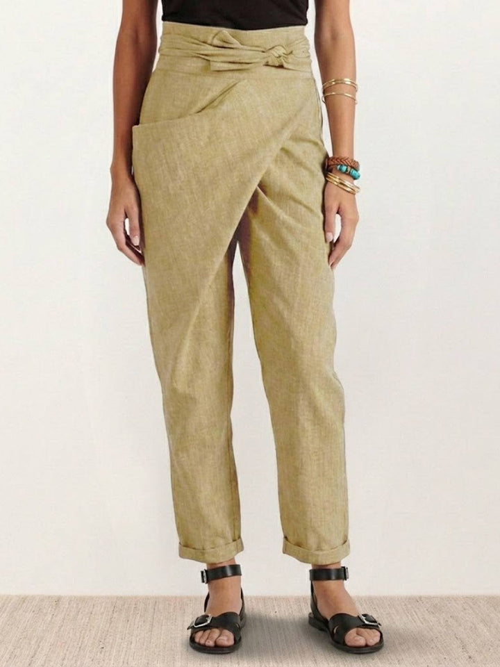 Damen Highwaist Wickelhose Cropped Tapered Schleifenbund - Khaki