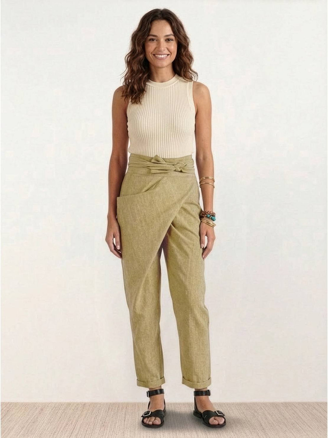 Damen Highwaist Wickelhose Cropped Tapered Schleifenbund