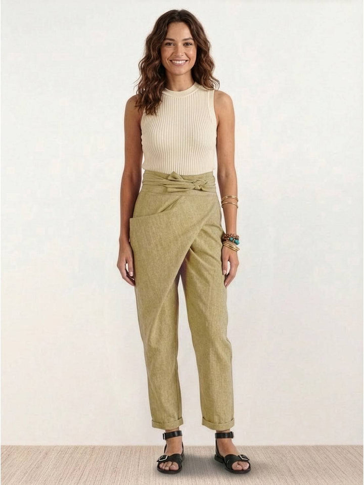 Damen Highwaist Wickelhose Cropped Tapered Schleifenbund