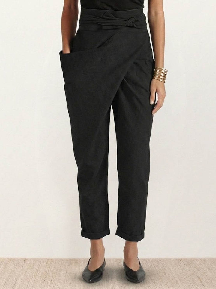 Damen Highwaist Wickelhose Cropped Tapered Schleifenbund - Black