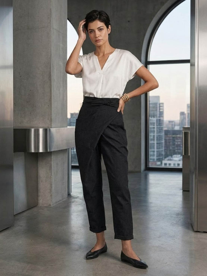 Damen Highwaist Wickelhose Cropped Tapered Schleifenbund