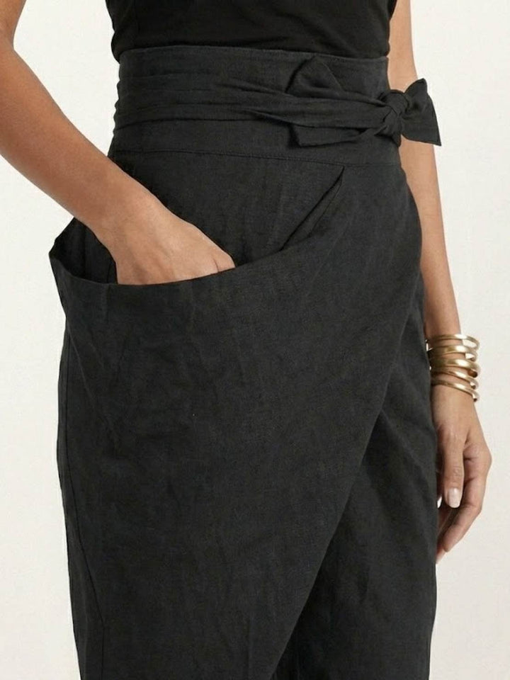 Damen Highwaist Wickelhose Cropped Tapered Schleifenbund