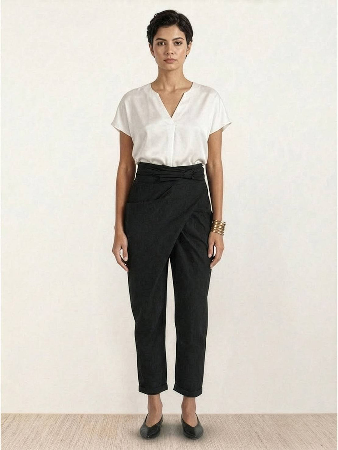 Damen Highwaist Wickelhose Cropped Tapered Schleifenbund