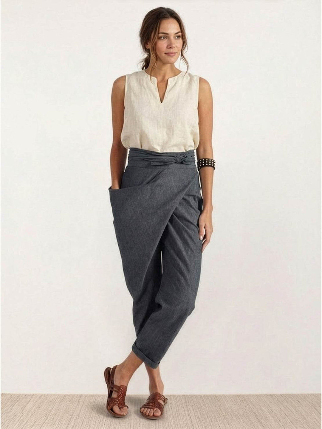 Damen Highwaist Wickelhose Cropped Tapered Schleifenbund