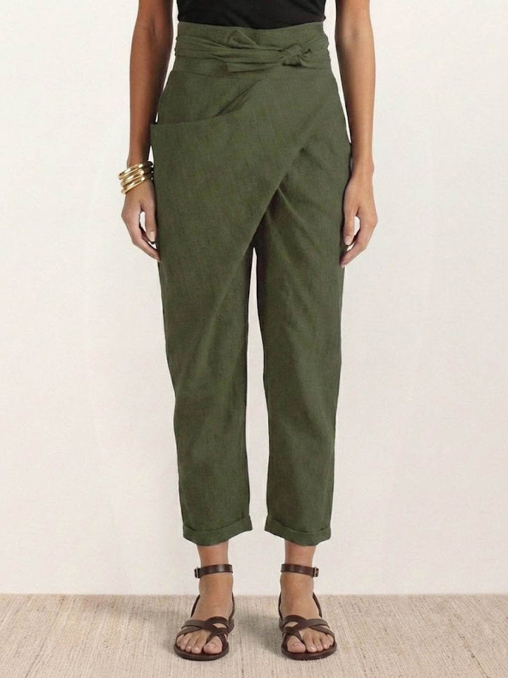 Damen Highwaist Wickelhose Cropped Tapered Schleifenbund - Army Green