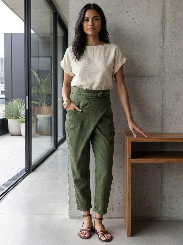 Damen Highwaist Wickelhose Cropped Tapered Schleifenbund