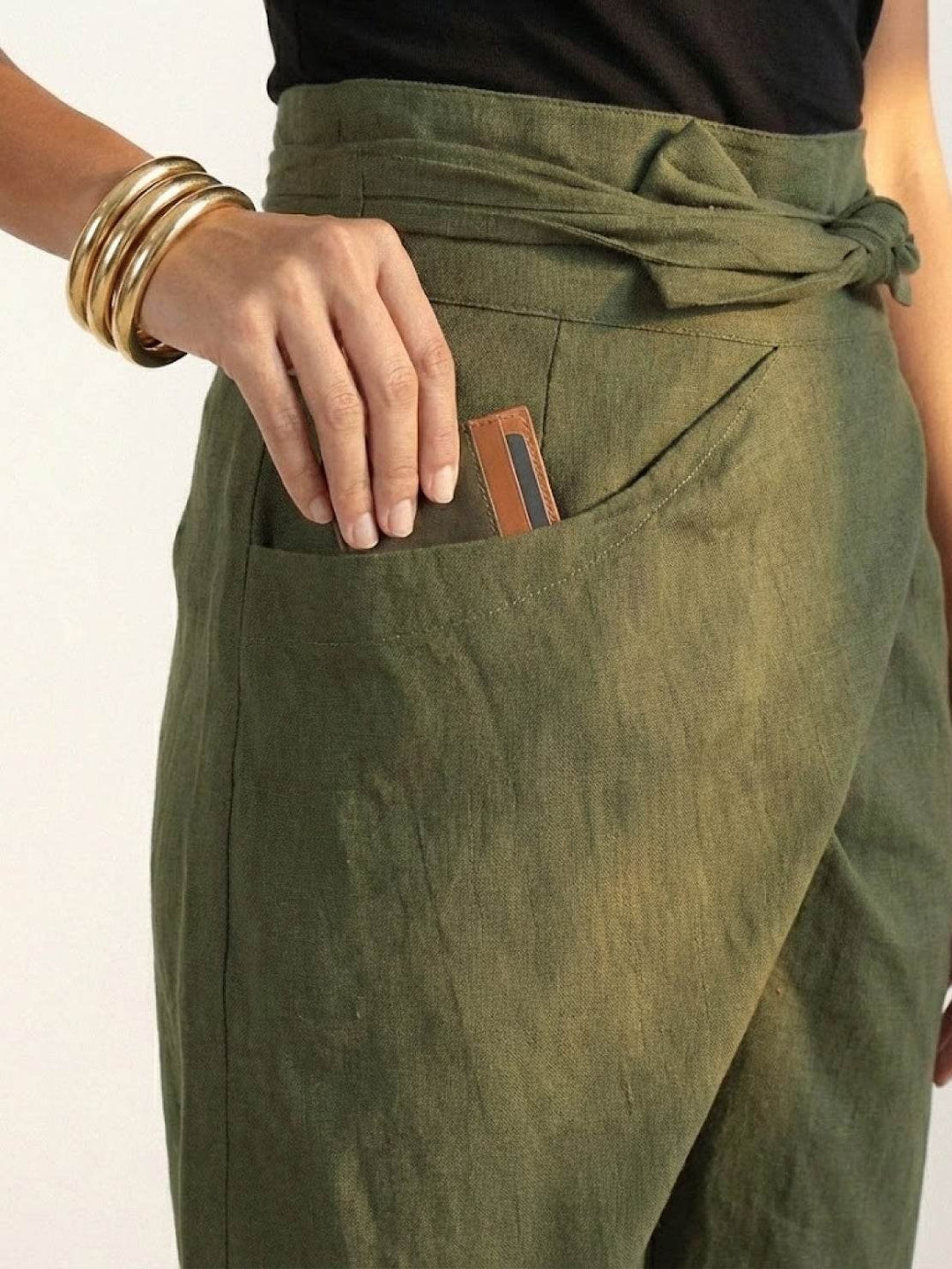 Damen Highwaist Wickelhose Cropped Tapered Schleifenbund