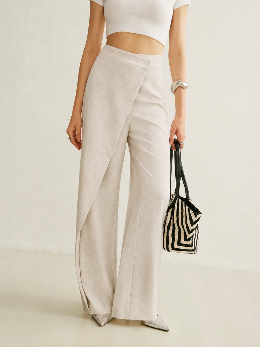Damen Hochbund Asymmetrische Wickel Wide Leg Pants - Aprikot