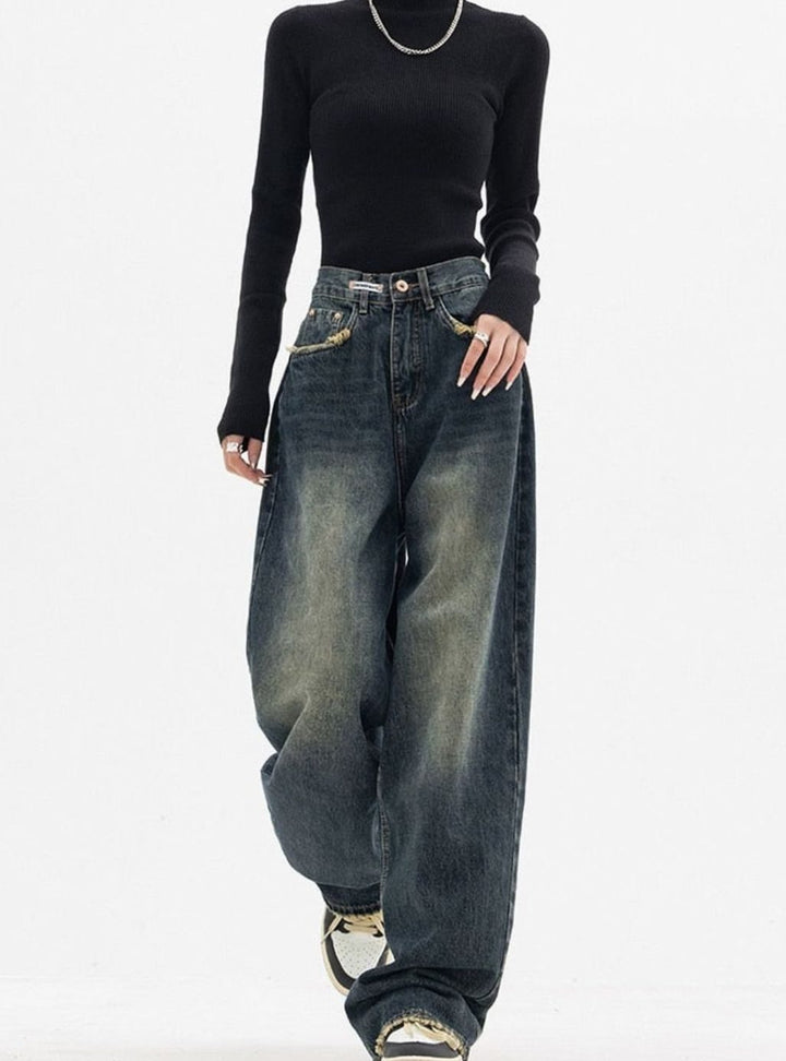 Damen Hochbund Weit Geschnittene Jeans aus Gewaschenem Denim - Blaugrau