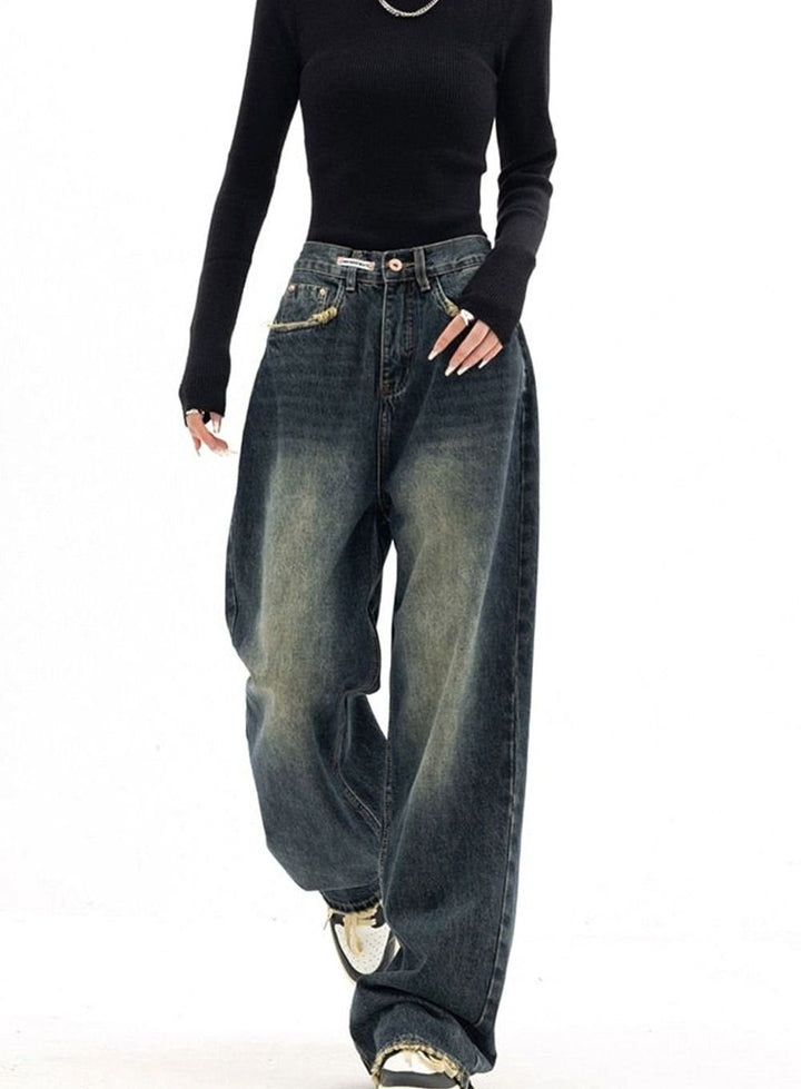 Damen Hochbund Weit Geschnittene Jeans aus Gewaschenem Denim