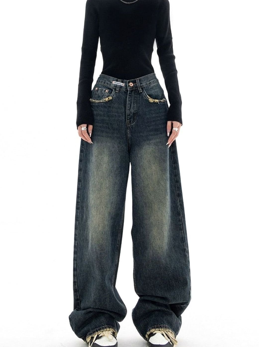 Damen Hochbund Weit Geschnittene Jeans aus Gewaschenem Denim