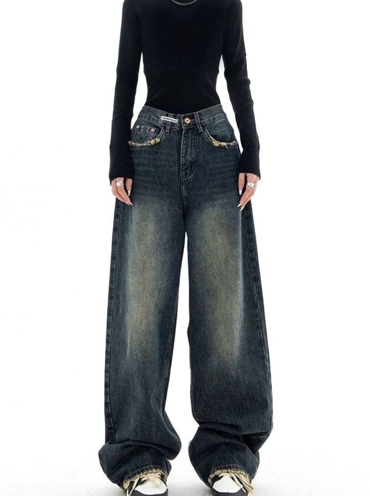 Damen Hochbund Weit Geschnittene Jeans aus Gewaschenem Denim