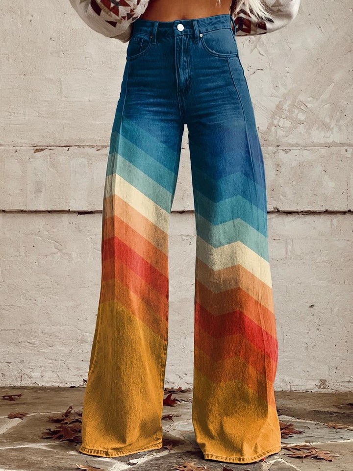 Damen Hochbund Weites Bein Chevron-Print Hose Sonnenuntergang - Sunset Chevron