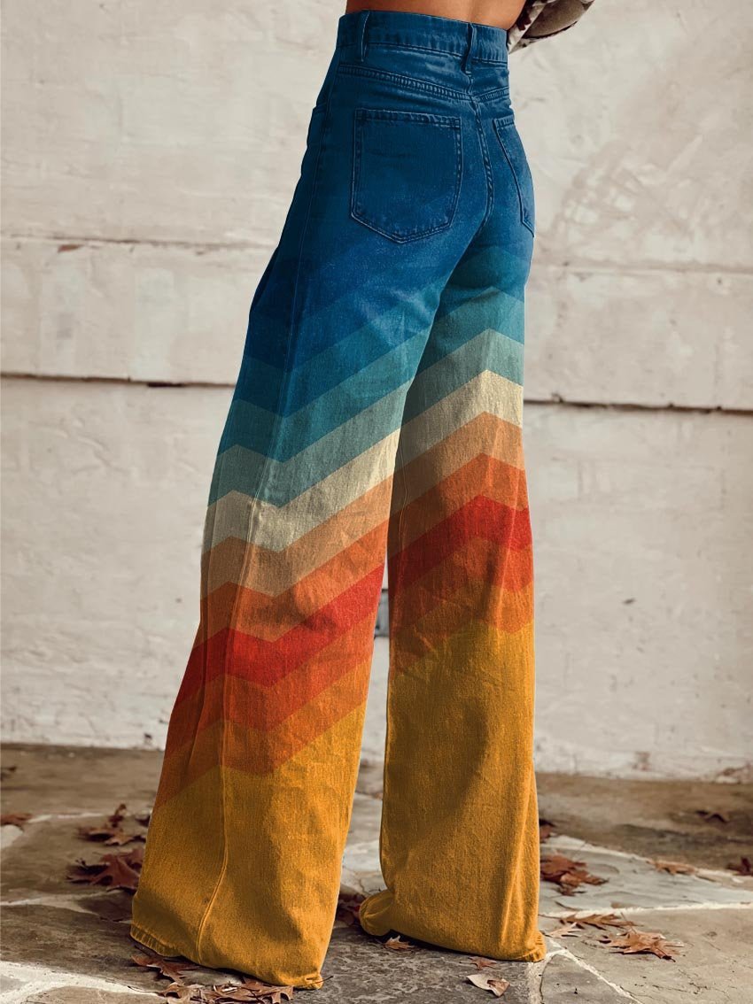 Damen Hochbund Weites Bein Chevron-Print Hose Sonnenuntergang