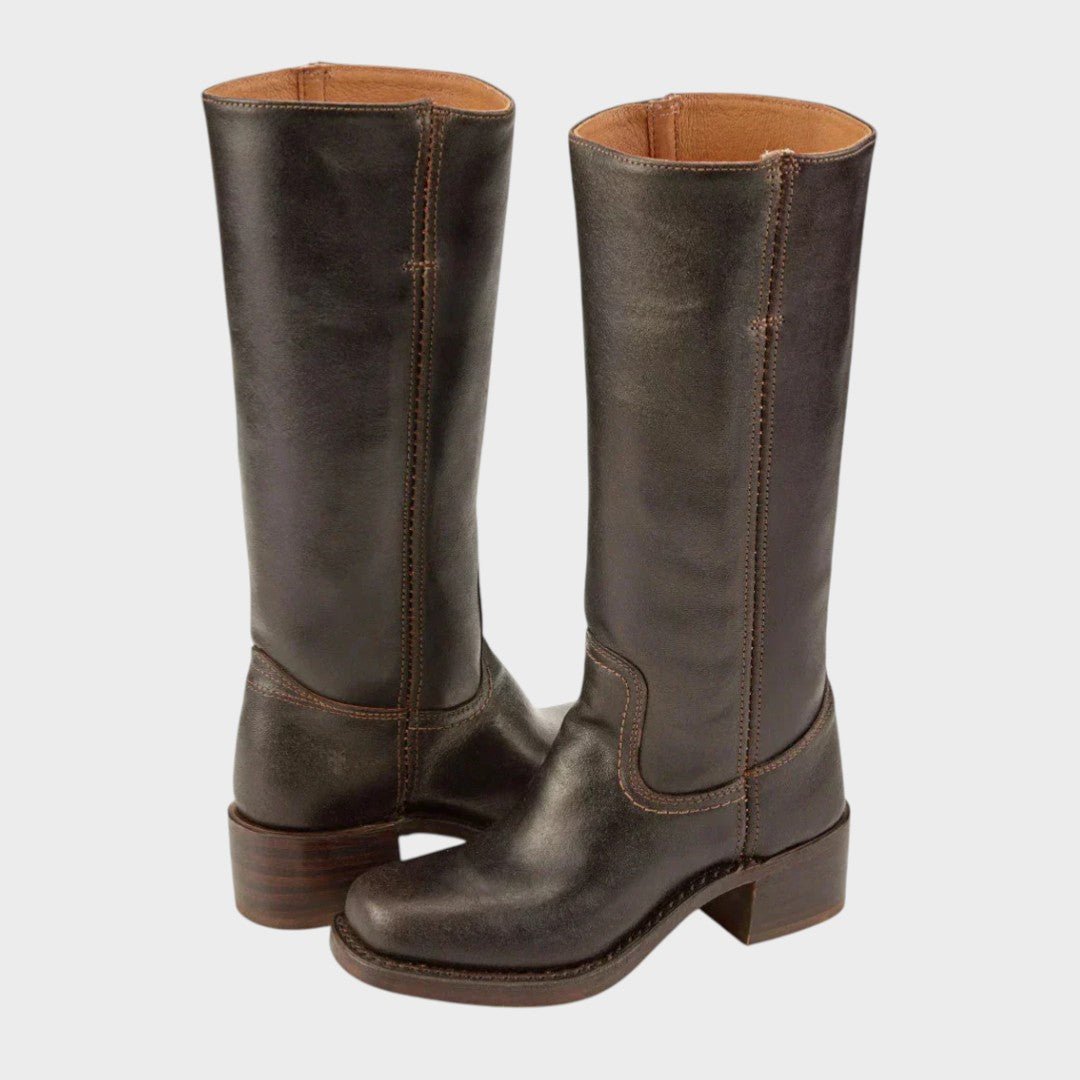 Damen Hohe Stiefel Leder Block Absatz Reitsport-Stil - Dark Brown