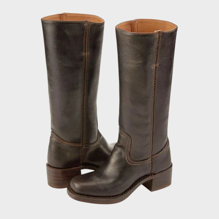 Damen Hohe Stiefel Leder Block Absatz Reitsport-Stil - Dark Brown
