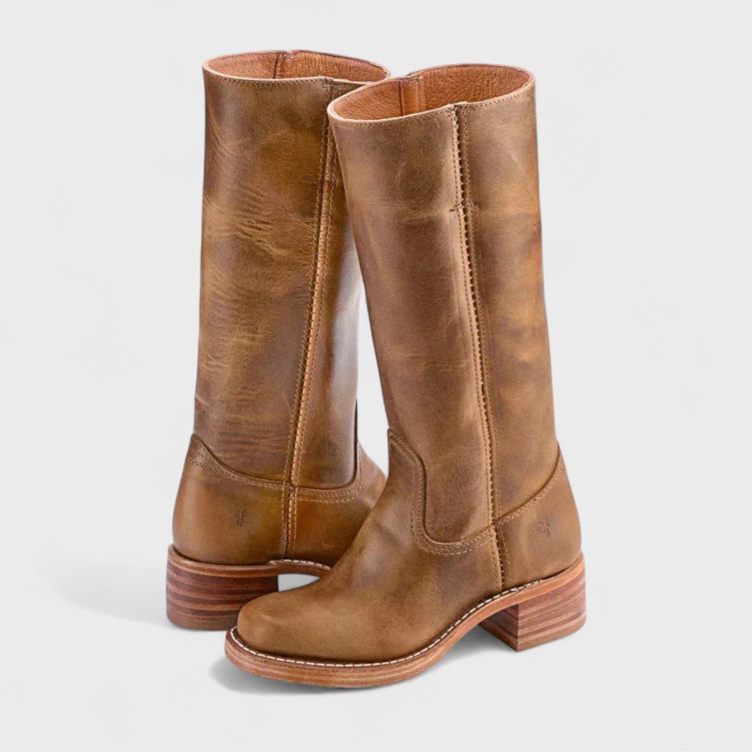 Damen Hohe Stiefel Leder Block Absatz Reitsport-Stil - Light Brown