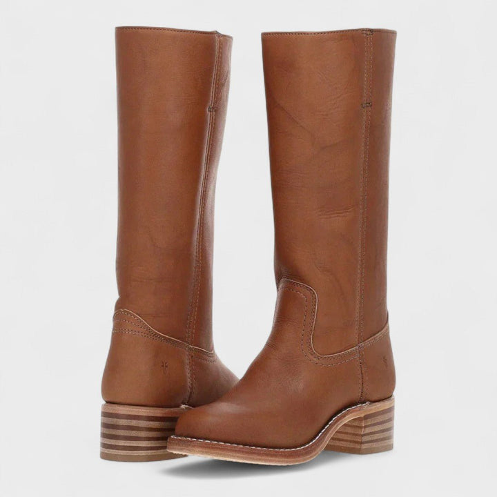 Damen Hohe Stiefel Leder Block Absatz Reitsport-Stil - Brown