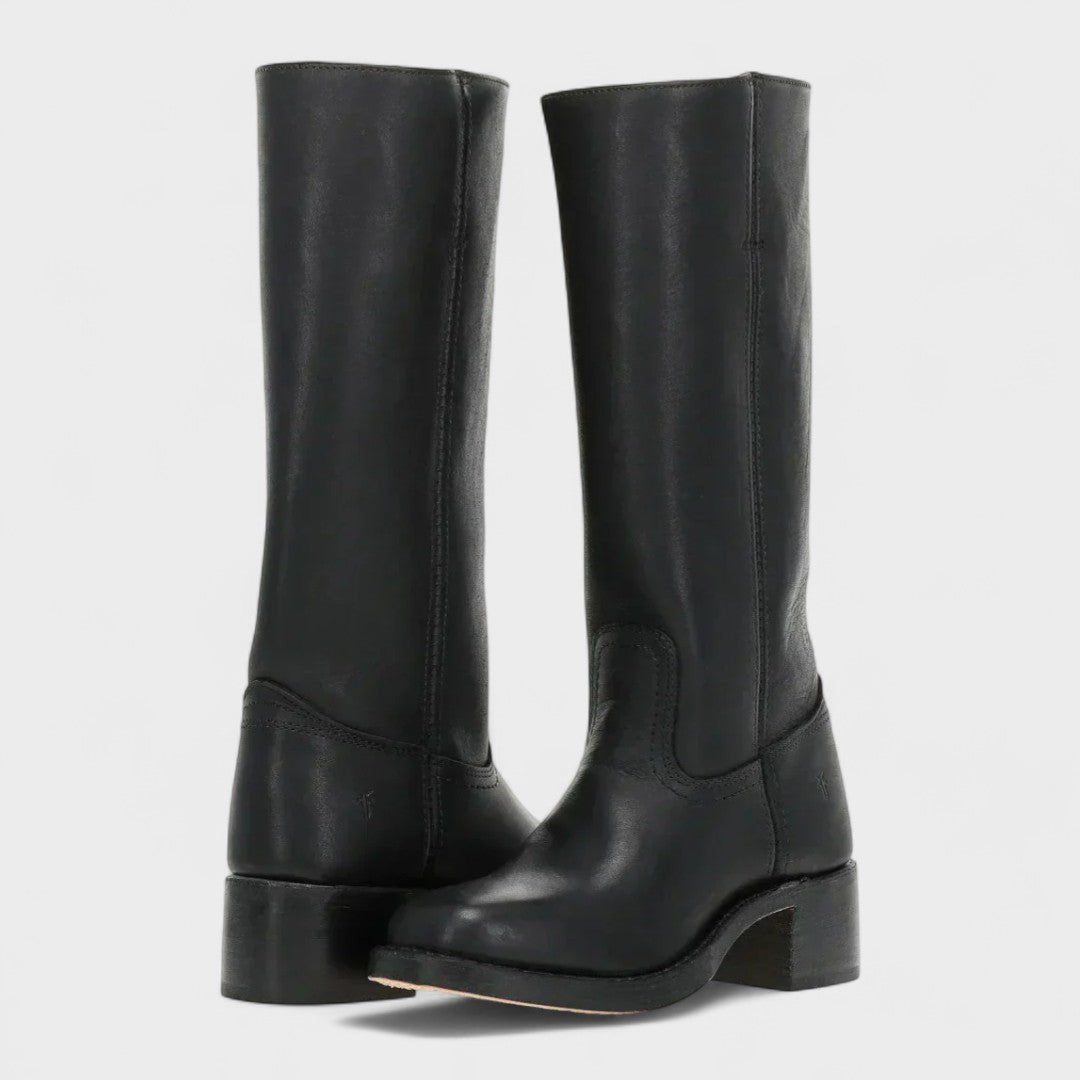 Damen Hohe Stiefel Leder Block Absatz Reitsport-Stil - Black