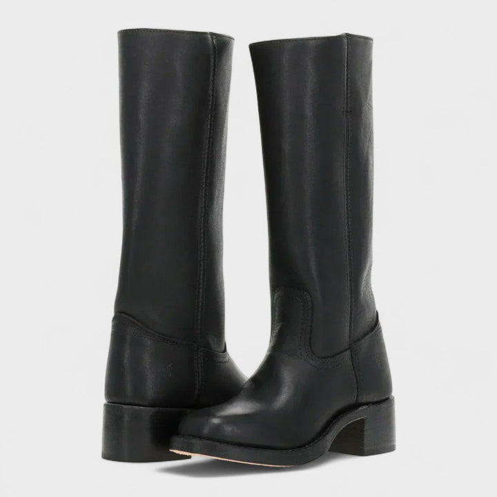 Damen Hohe Stiefel Leder Block Absatz Reitsport-Stil - Black