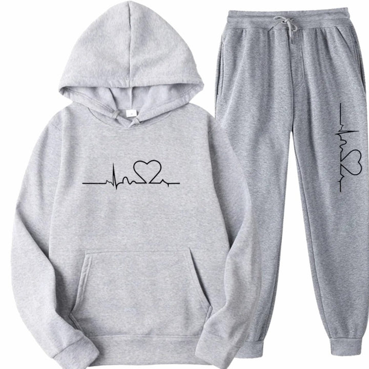 Damen Hoodie-Jogginghose-Set mit Herzschlagmotiv Kordelzug Loungewear - Hellgrau