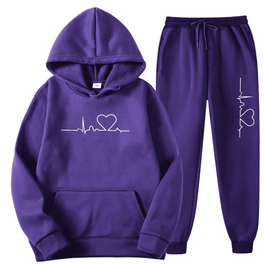 Damen Hoodie-Jogginghose-Set mit Herzschlagmotiv Kordelzug Loungewear - Lila