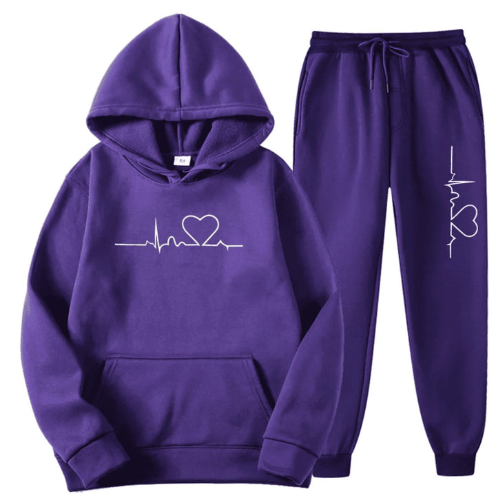 Damen Hoodie-Jogginghose-Set mit Herzschlagmotiv Kordelzug Loungewear - Lila