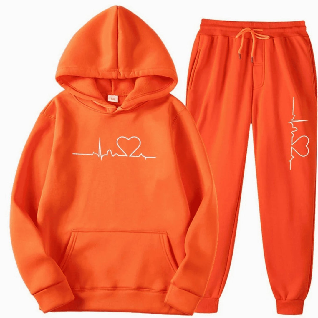 Damen Hoodie-Jogginghose-Set mit Herzschlagmotiv Kordelzug Loungewear - Orange