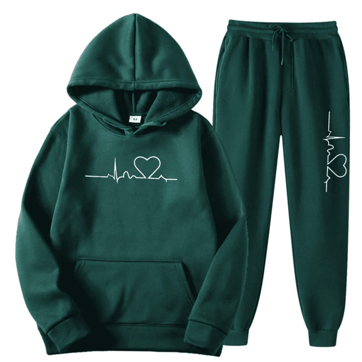Damen Hoodie-Jogginghose-Set mit Herzschlagmotiv Kordelzug Loungewear - Grün