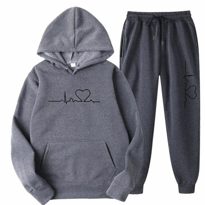 Damen Hoodie-Jogginghose-Set mit Herzschlagmotiv Kordelzug Loungewear - Grau