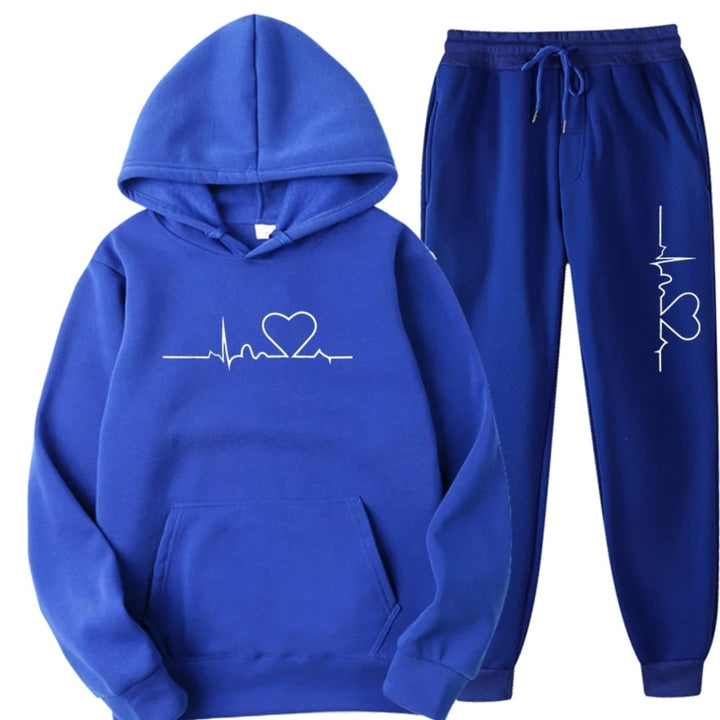 Damen Hoodie-Jogginghose-Set mit Herzschlagmotiv Kordelzug Loungewear - Blau