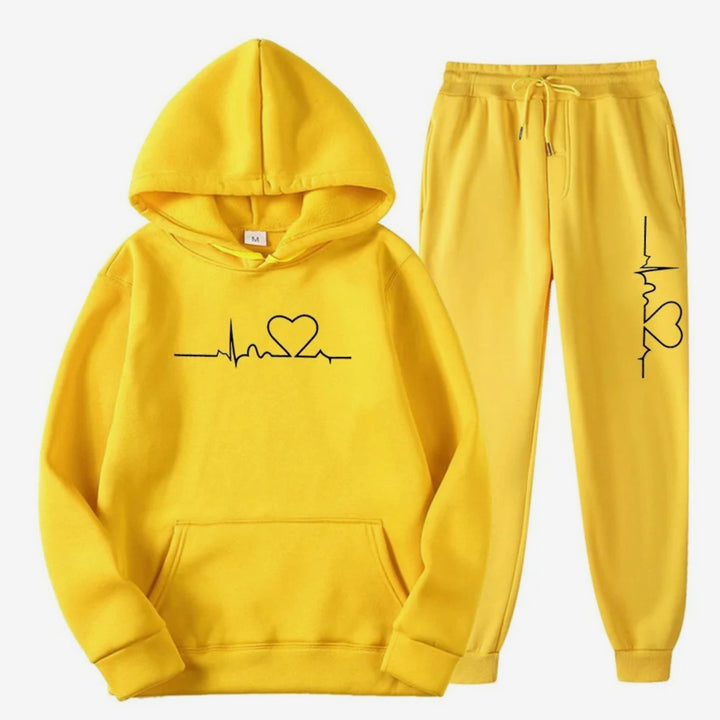 Damen Hoodie-Jogginghose-Set mit Herzschlagmotiv Kordelzug Loungewear - Gelb