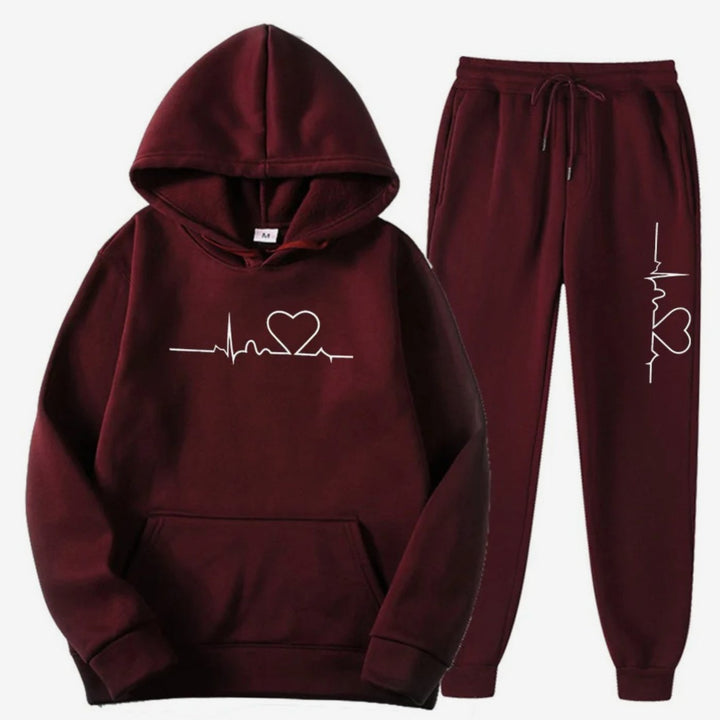 Damen Hoodie-Jogginghose-Set mit Herzschlagmotiv Kordelzug Loungewear - Dunkelbraun