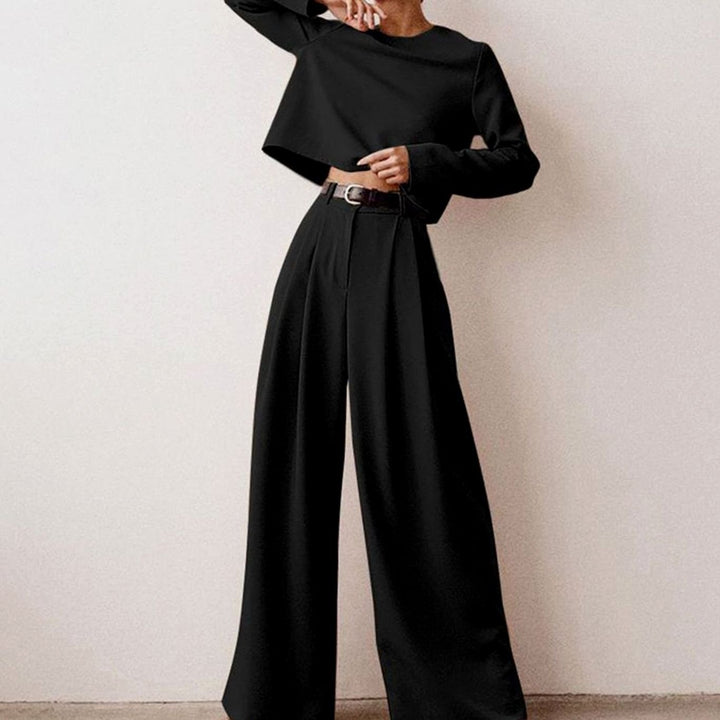 Damen Hosen-Set langärmliges Crop-Top Weites Bein Hochbund - Schwarz