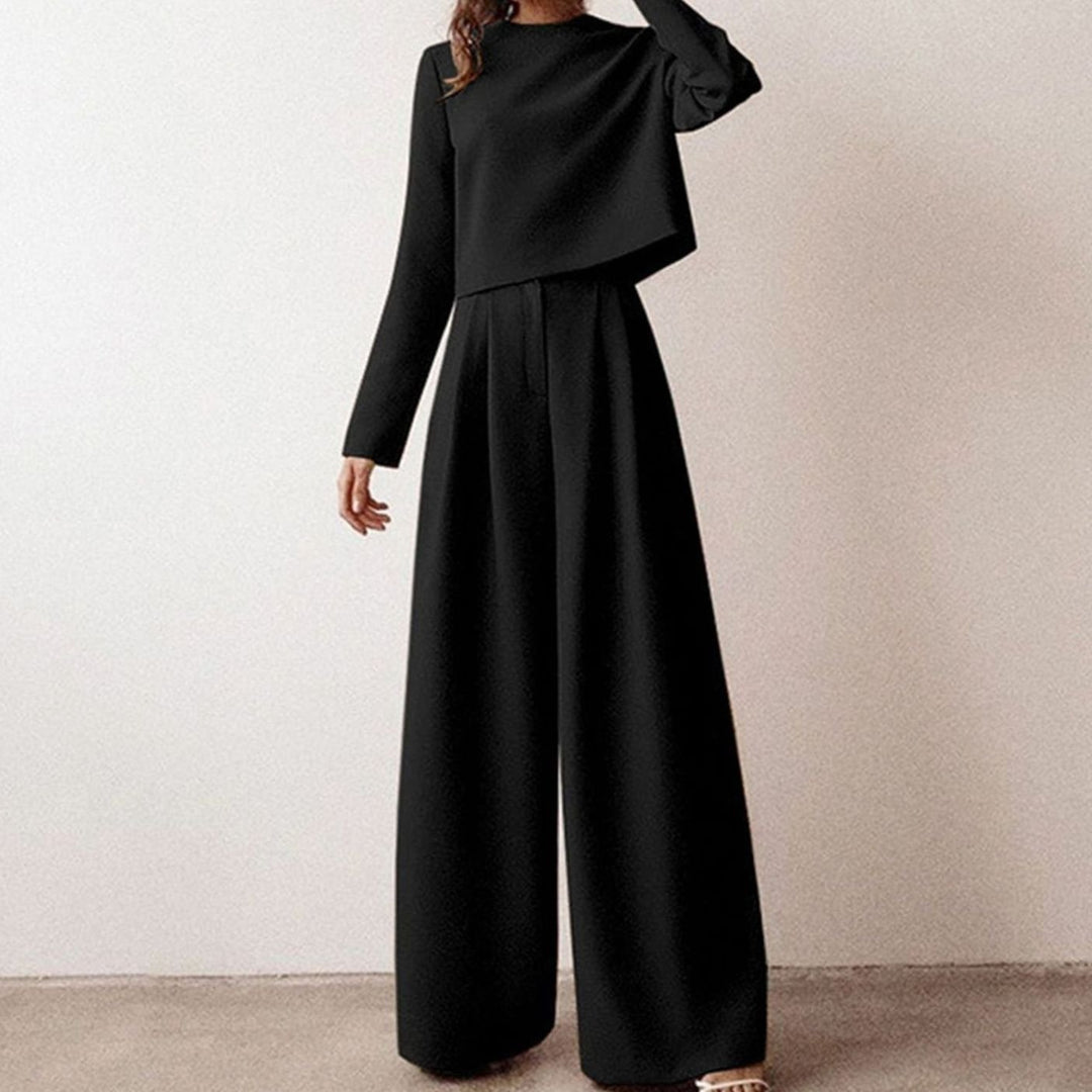 Damen Hosen-Set langärmliges Crop-Top Weites Bein Hochbund