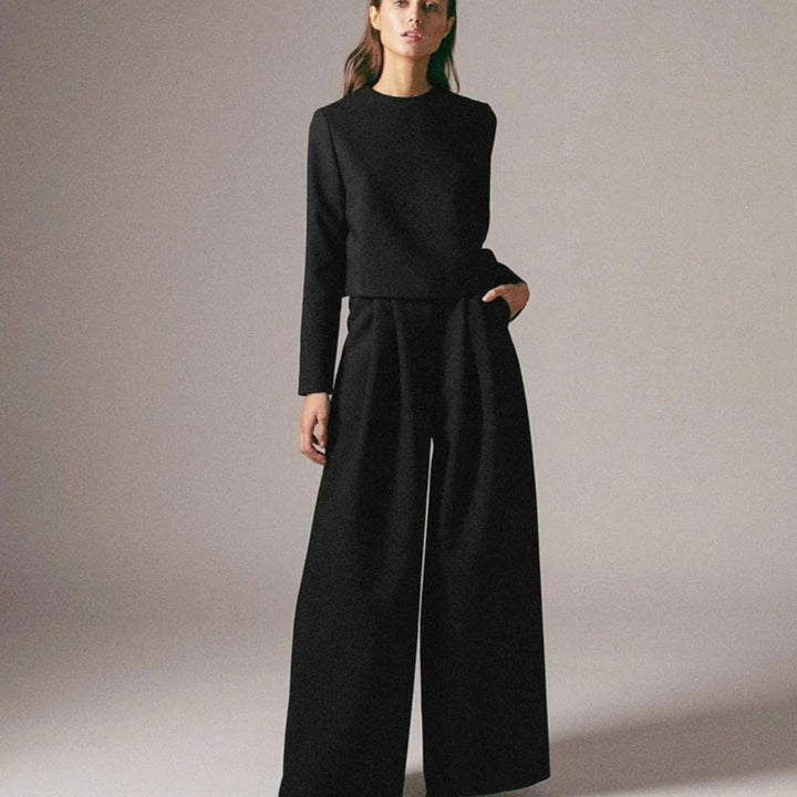 Damen Hosen-Set langärmliges Crop-Top Weites Bein Hochbund