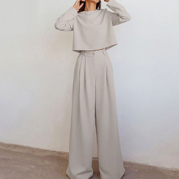 Damen Hosen-Set langärmliges Crop-Top Weites Bein Hochbund