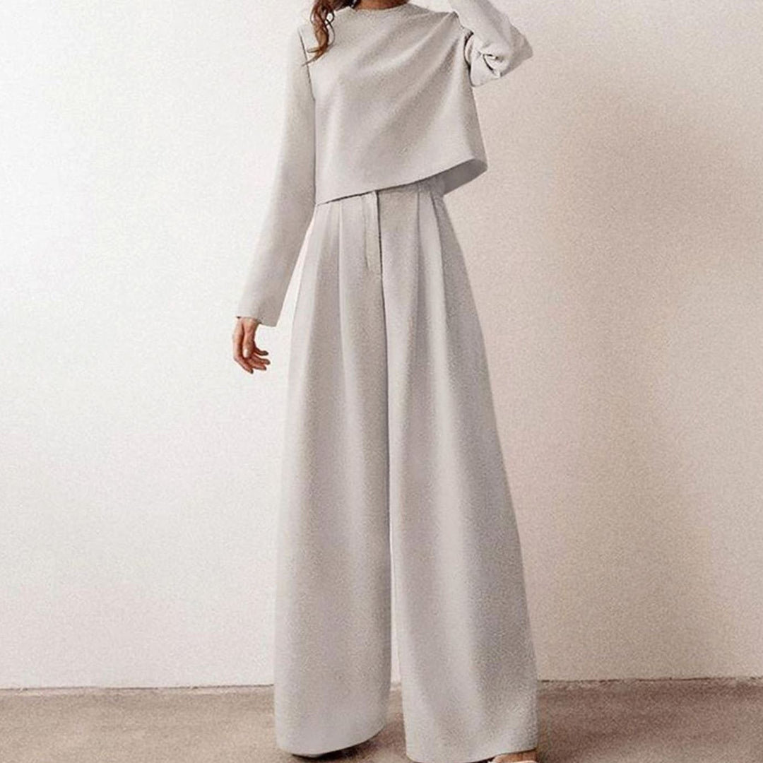 Damen Hosen-Set langärmliges Crop-Top Weites Bein Hochbund - Grau