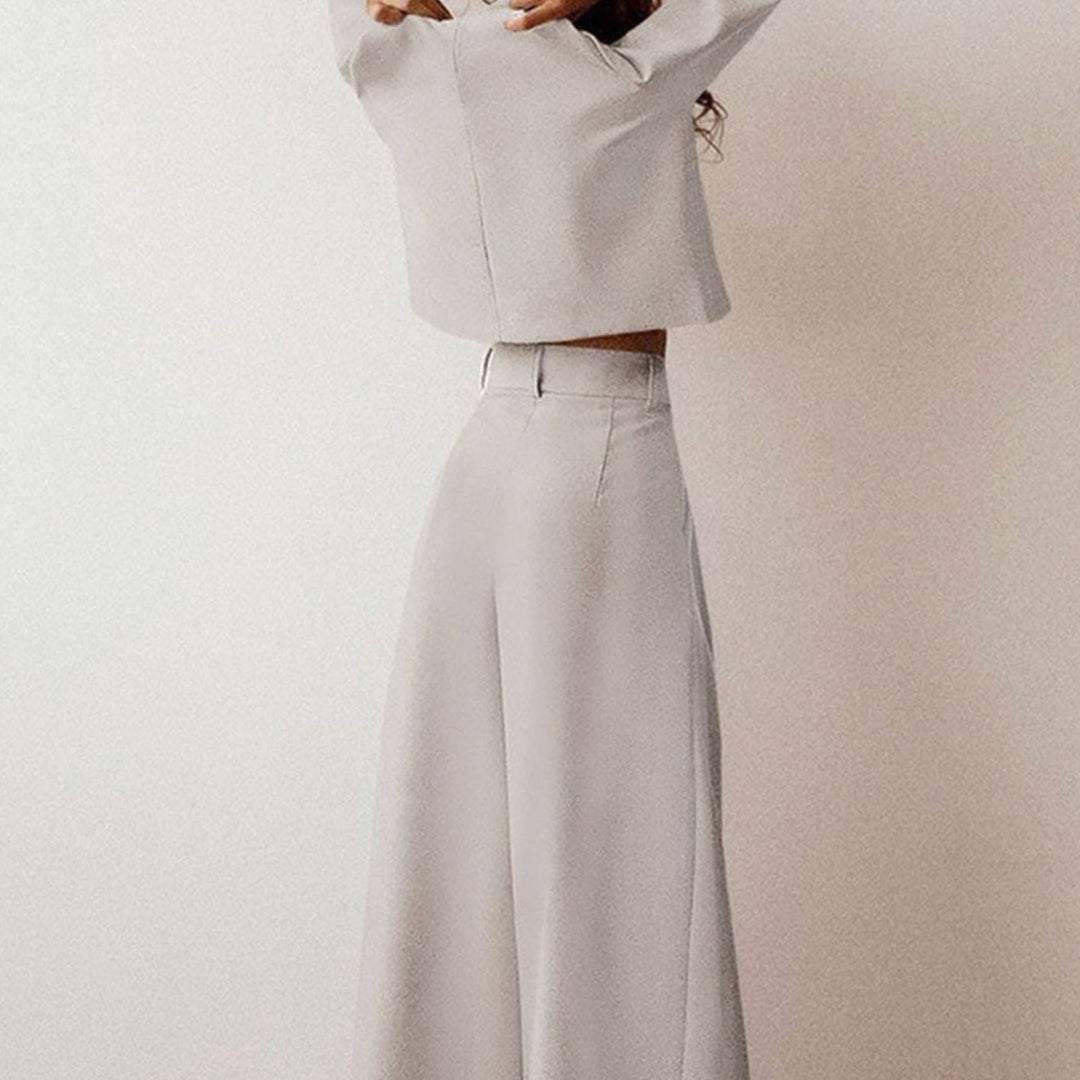 Damen Hosen-Set langärmliges Crop-Top Weites Bein Hochbund